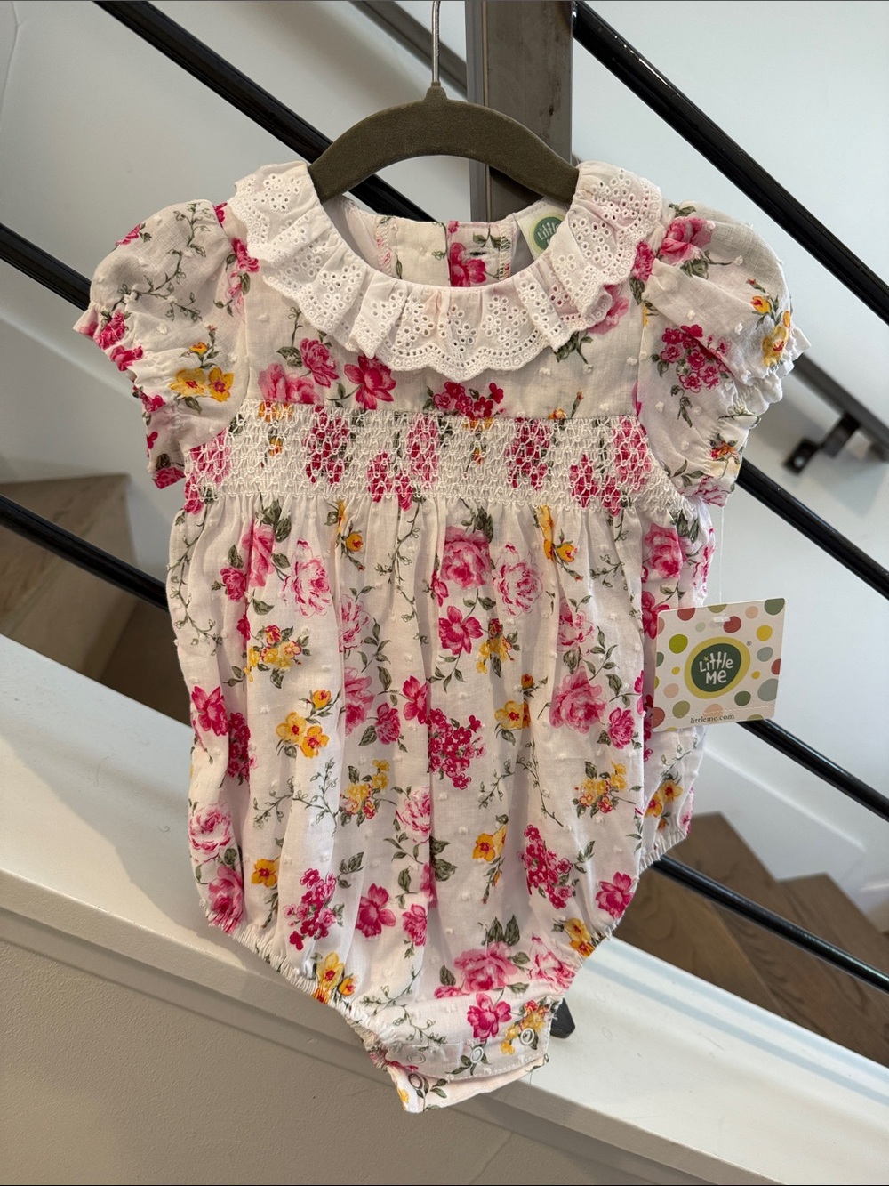 Little Me White Floral Smocked Baby Bubble Romper with Lace Collar